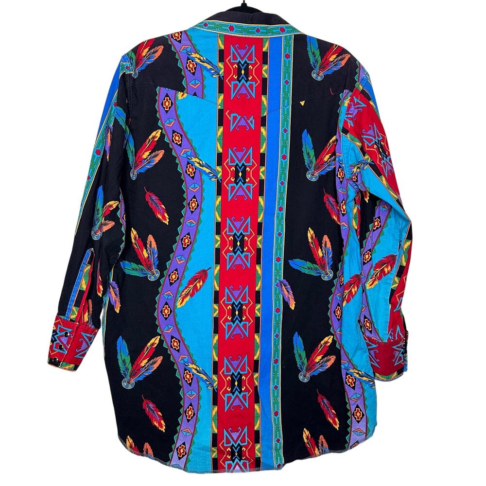 Vintage Wrangler Cowboy Cut Western Shirt X-Long Tails Aztec Tribal Feather RARE - Picture 4 of 6